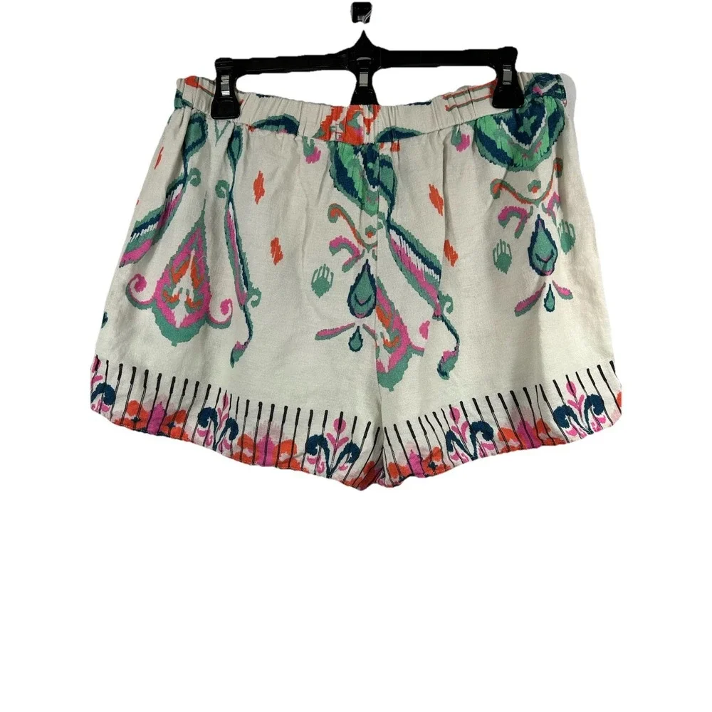 Zara Printed Linen-Blend Shorts‎ XL Boho Paisley Beaded Tassel Summer Festival